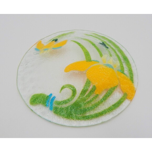 Sydenstricker Fused Art Glass Peach Iris 8-1/2 Inch Salad Plate Green Leaves - Picture 4 of 6